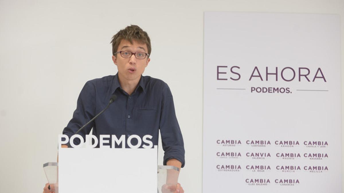 Íñigo Errejón, este viernes, durante la presentación del lema de campaña de Podemos para los comicios del 24 de mayo.