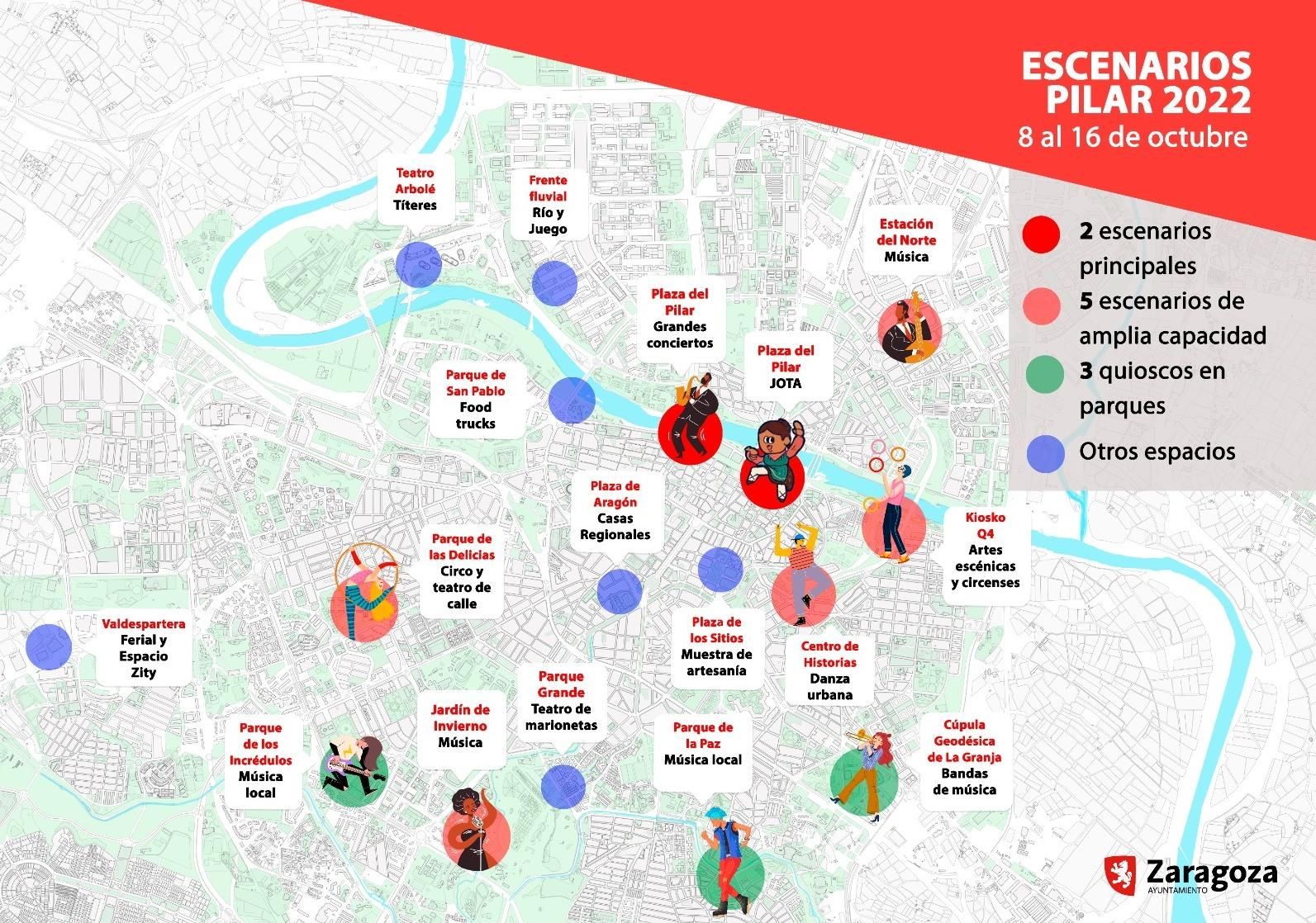 Mapa de todos los espacios en los que se programarán actos culturales para el Pilar de 2022.