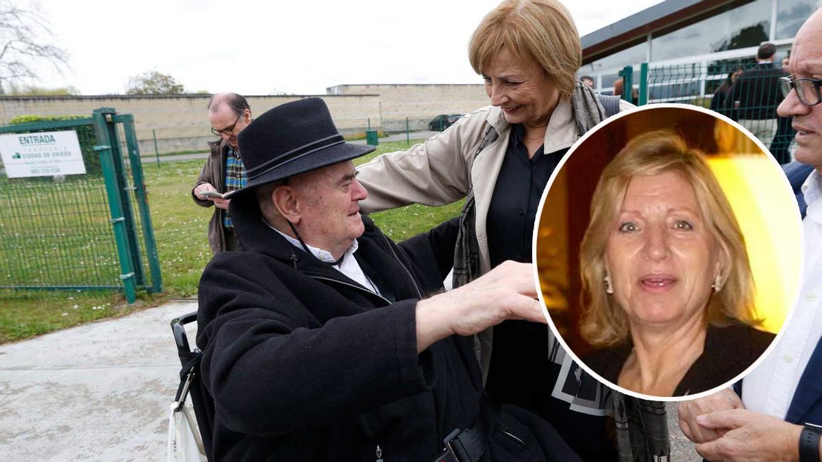 Mariví Monteserín saluda a Antonio Masip a la entrada del tanatorio.