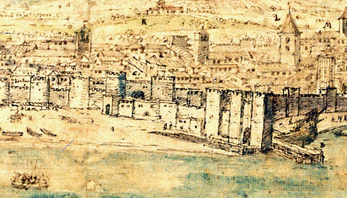 Vista parcial del arenal de Puerta del Mar y del embarcadero delante del Castillo de los Genoveses, en la vista de Málaga de Anton van den Wyngaerde (1564).