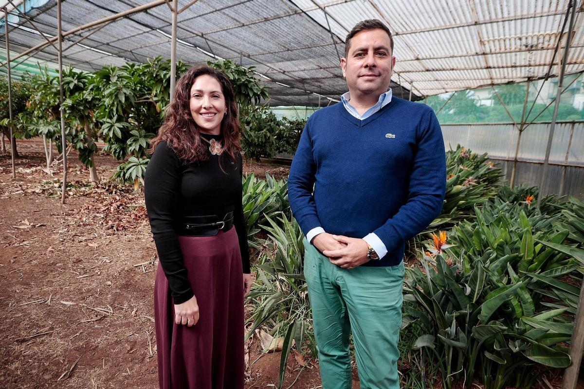 Noelia Cruz y Juan Carlos Santamarta en el invernadero de la sección de Ingeniería Agraria de la Escuela de Ingeniería de la ULL.