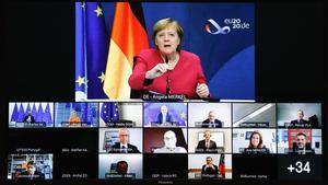 Merkel toma la palabra durante la Cumbre Social Tripartita del Consejo Europeo, celebrada mediante videoconferencia.