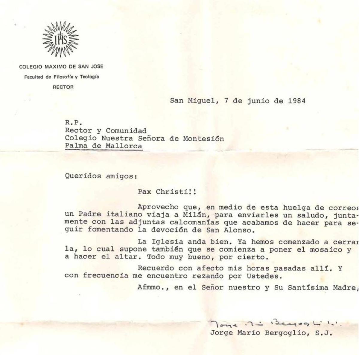 Carta que Bergoglio envió en 1984.