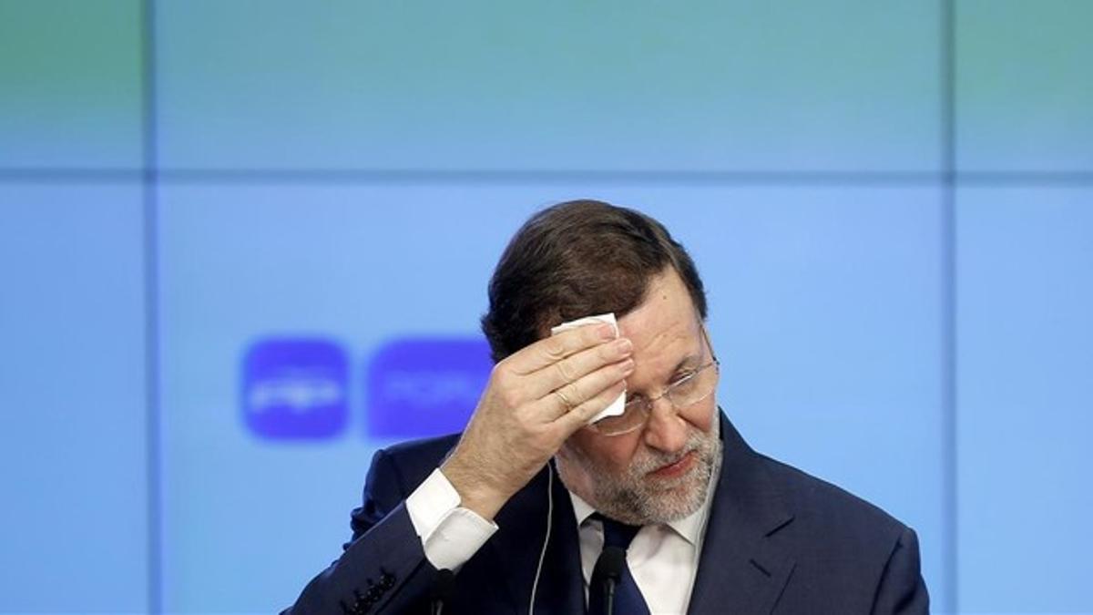 Mariano Rajoy, durante la rueda de prensa que ha ofrecido este lunes en la sede del PP tras reunirse con Nicolas Sarkozy.