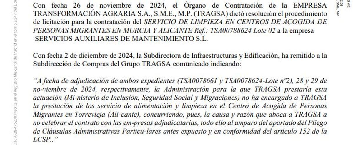 Resolución de Tragsa en la que se decide no formalizar los contratos del centro de migrantes previstos en Torrevieja