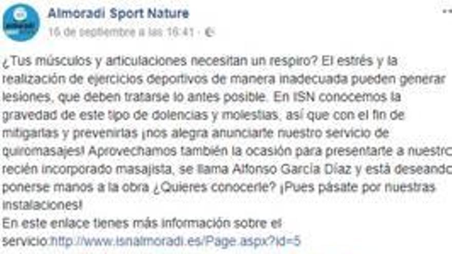 La empresa que gestiona el gimnasio anuncia el fichaje de un edil como masajista