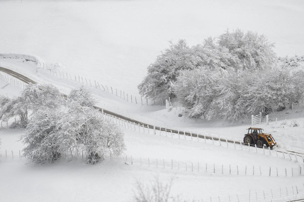 PESQUERA (CANTABRIA), 18/01/2023.- Un hombre despeja con una excavadora la carretera junto a la autopista A-67, este miércoles, a la altura de la localidad cántabra de Pesquera. EFE/ Pedro Puente Hoyos