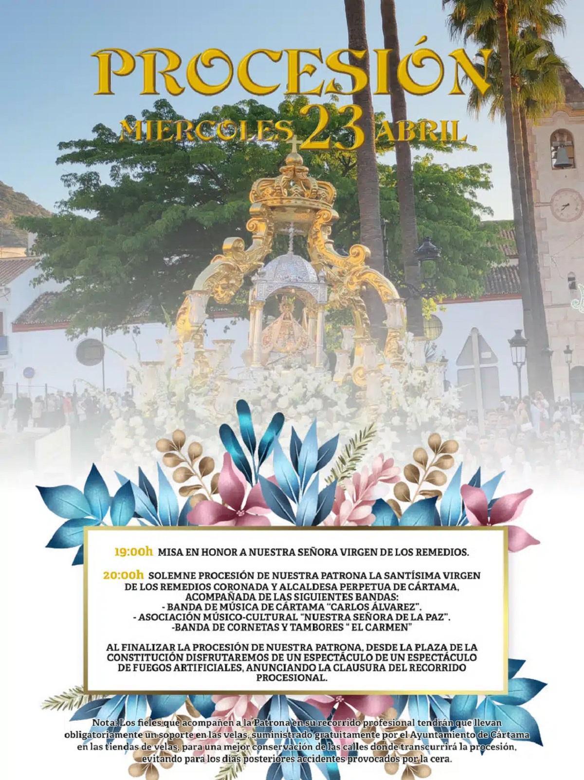 La procesión de la Virgen de los Remedios, patrona de Cártama, será el 23 de abril.