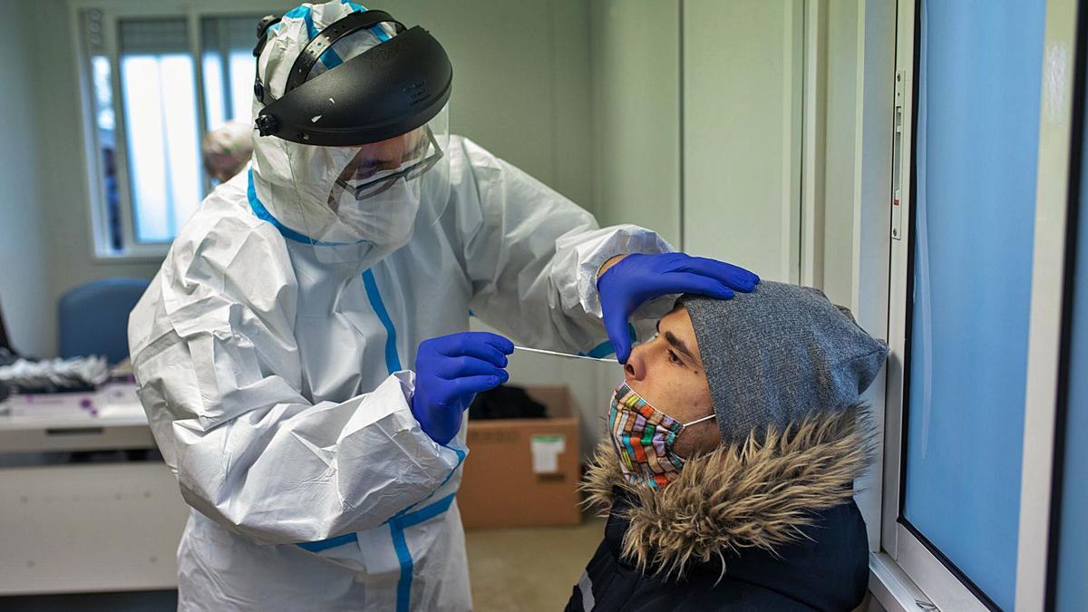 Un enfermero realiza la muestra a un alumno del Campus Viriato en la caseta habilitada para las pruebas. | Emilio Fraile