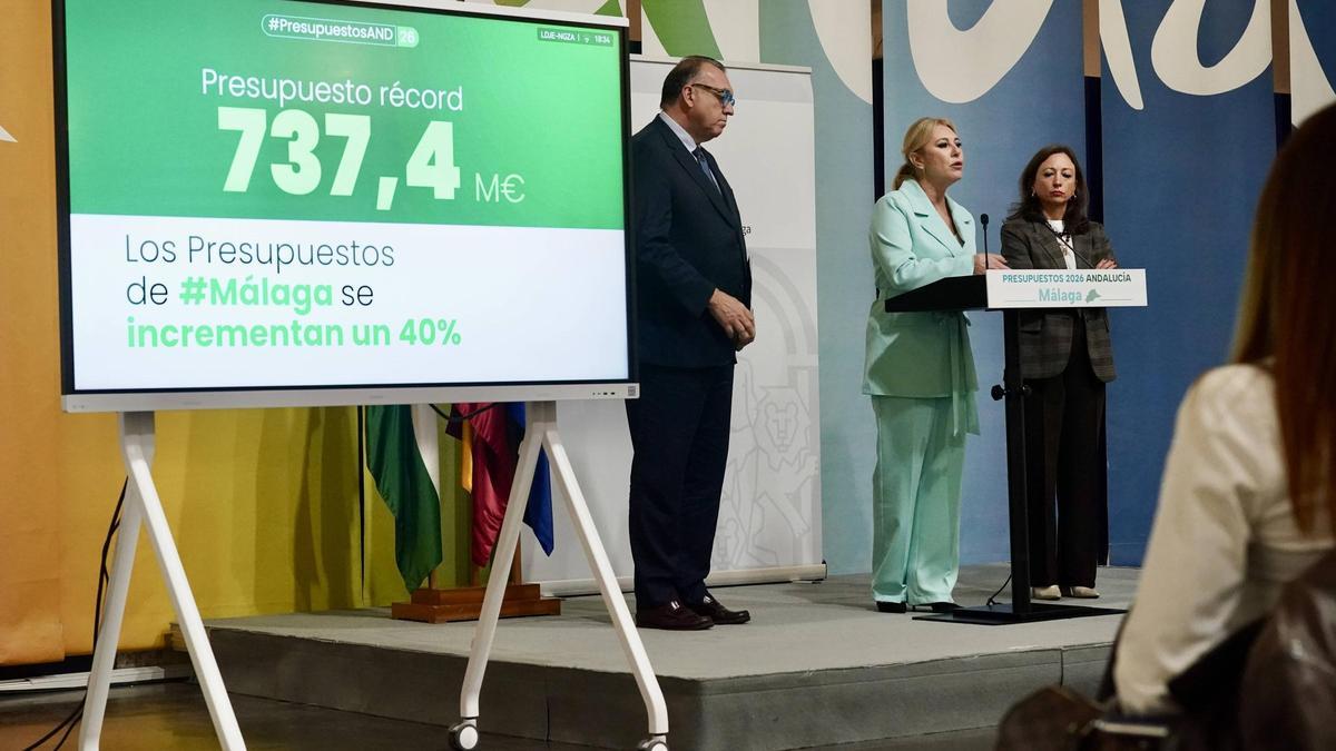Carolina España presenta los presupuestos para Málaga acompañada por Arturo Bernal y Patricia Navarro.