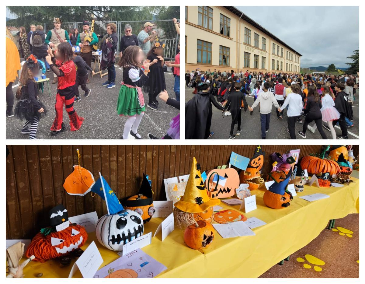 Dos momentos de los actos en el colegio. Debajo la exposición de calabazas asturianas y de "terror".