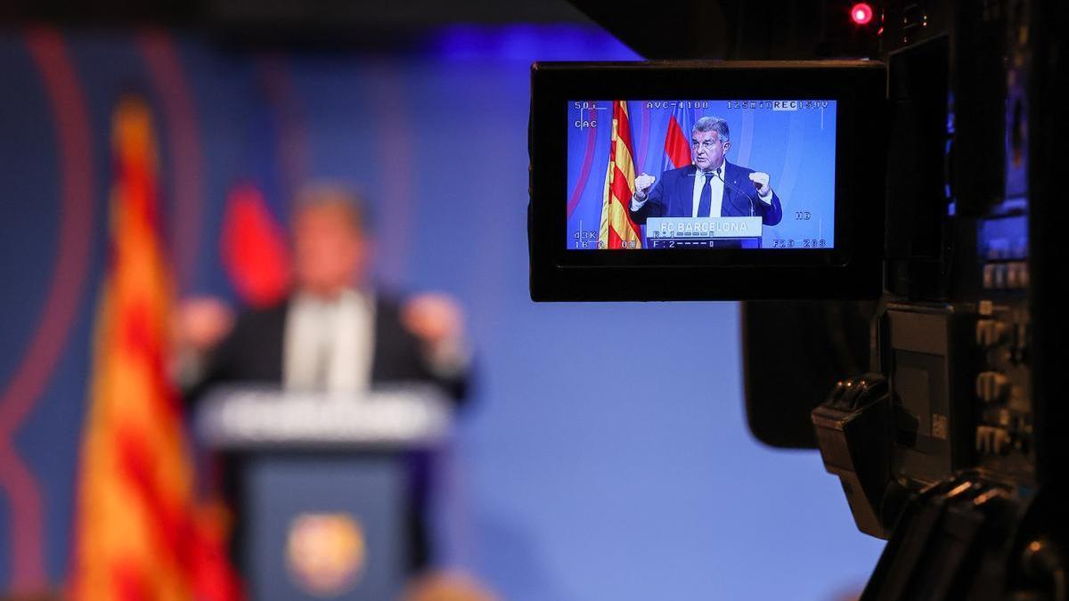 Joan Laporta, presidente del FC Barcelona, en rueda de prensa.