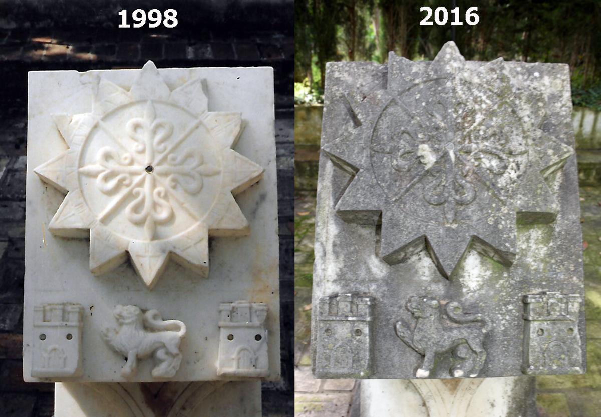La misma pieza, la estrella solar con el escudo del obispo, en sendas fotos de 1998 y 2016, en las que se aprecia la rápida degradación que sufre.