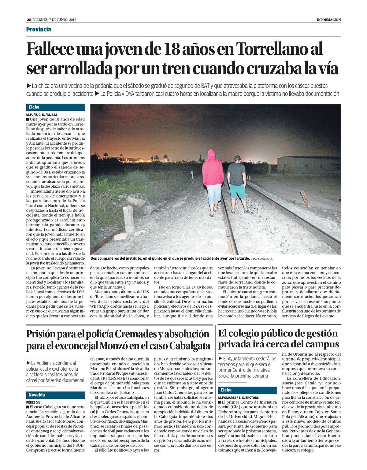 La noticia sobre el atropello de la joven en Torrellano