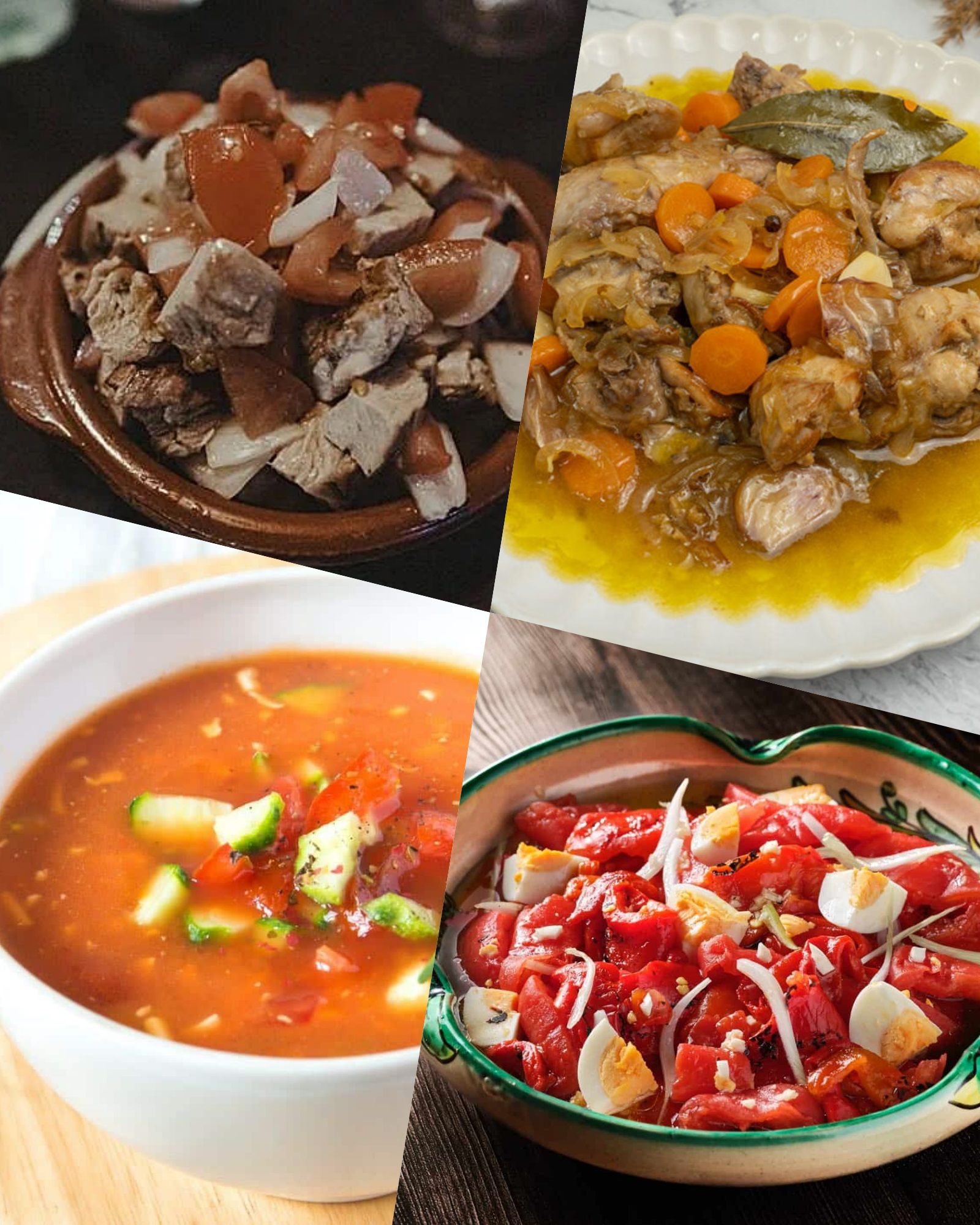 Gazpachos de tomates, de almendras, con poleo, cojondongos, zorongollos, escarapuches, pipirranas, ensaladas de tomate, pimientos asados, patatas aliñadas, judías verdes, sopas frías y escabeche.