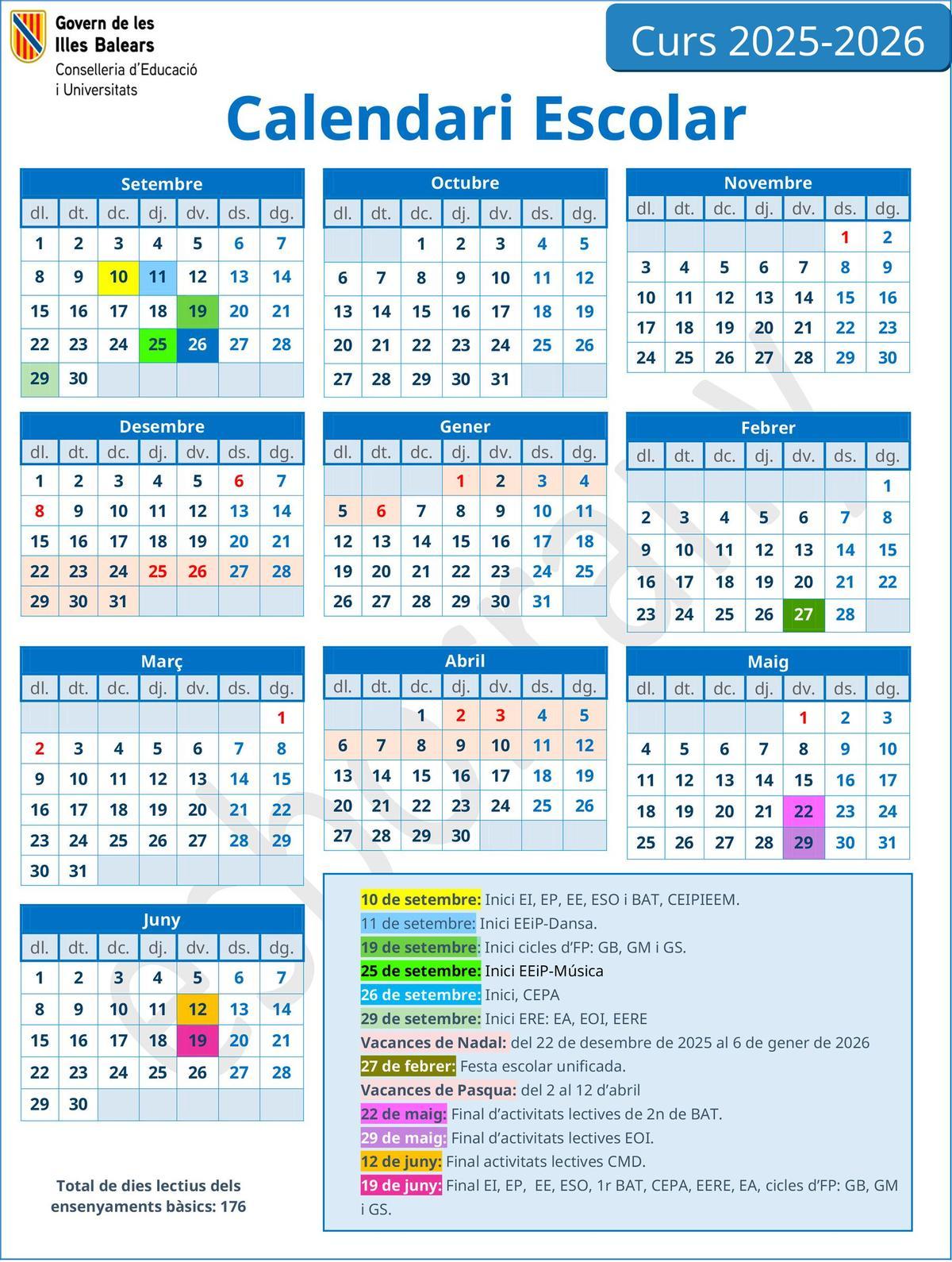 Calendario escolar de Baleares 2025-2026