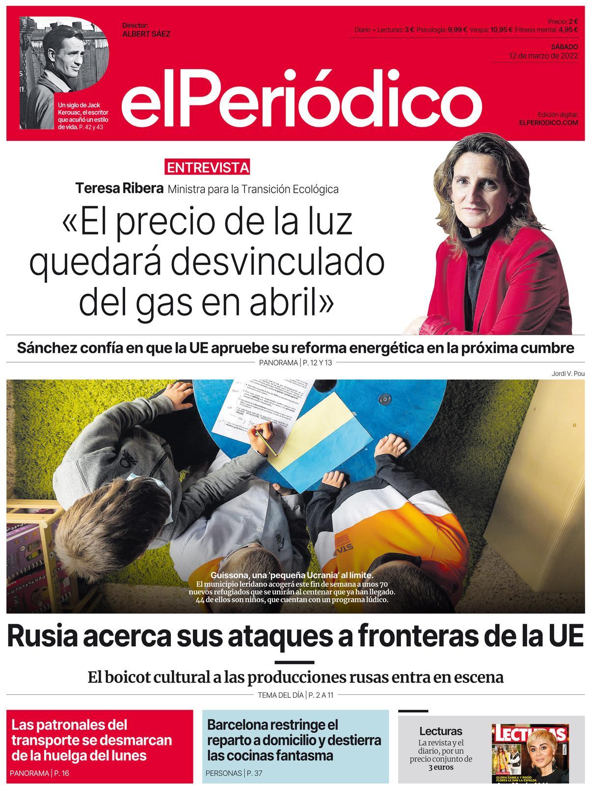 La portada d’EL PERIÓDICO del 12 de març del 2022