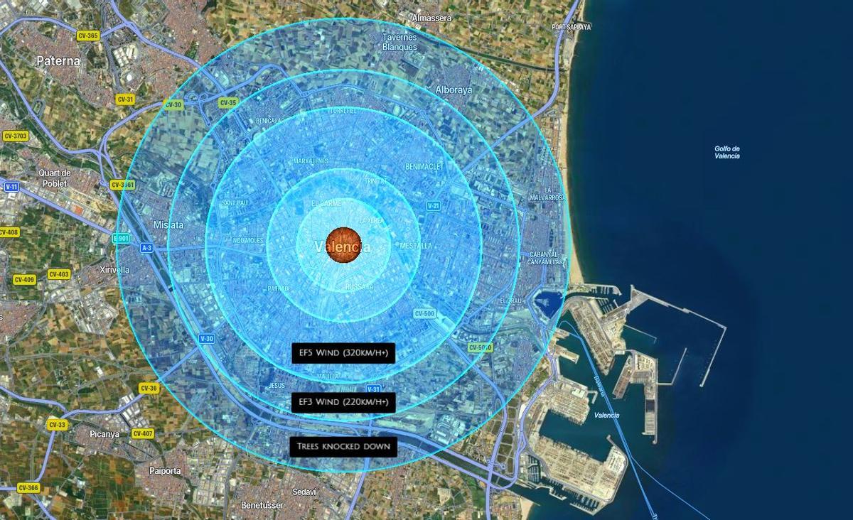 Los terribles y mortíferos vientos que generaría el impacto de un meteorito de 100 metros en València.