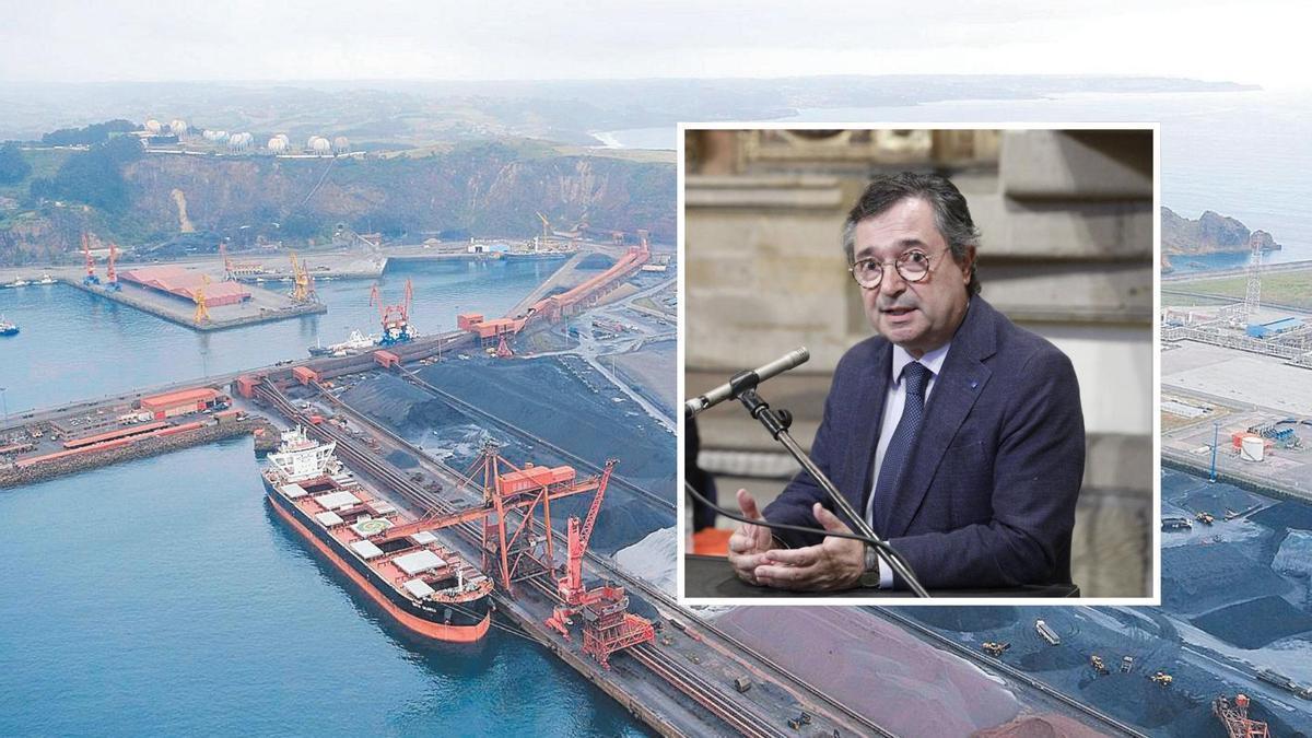 La terminal de carbón de Ebhisa; en el recuadro, Laureano Lourido
