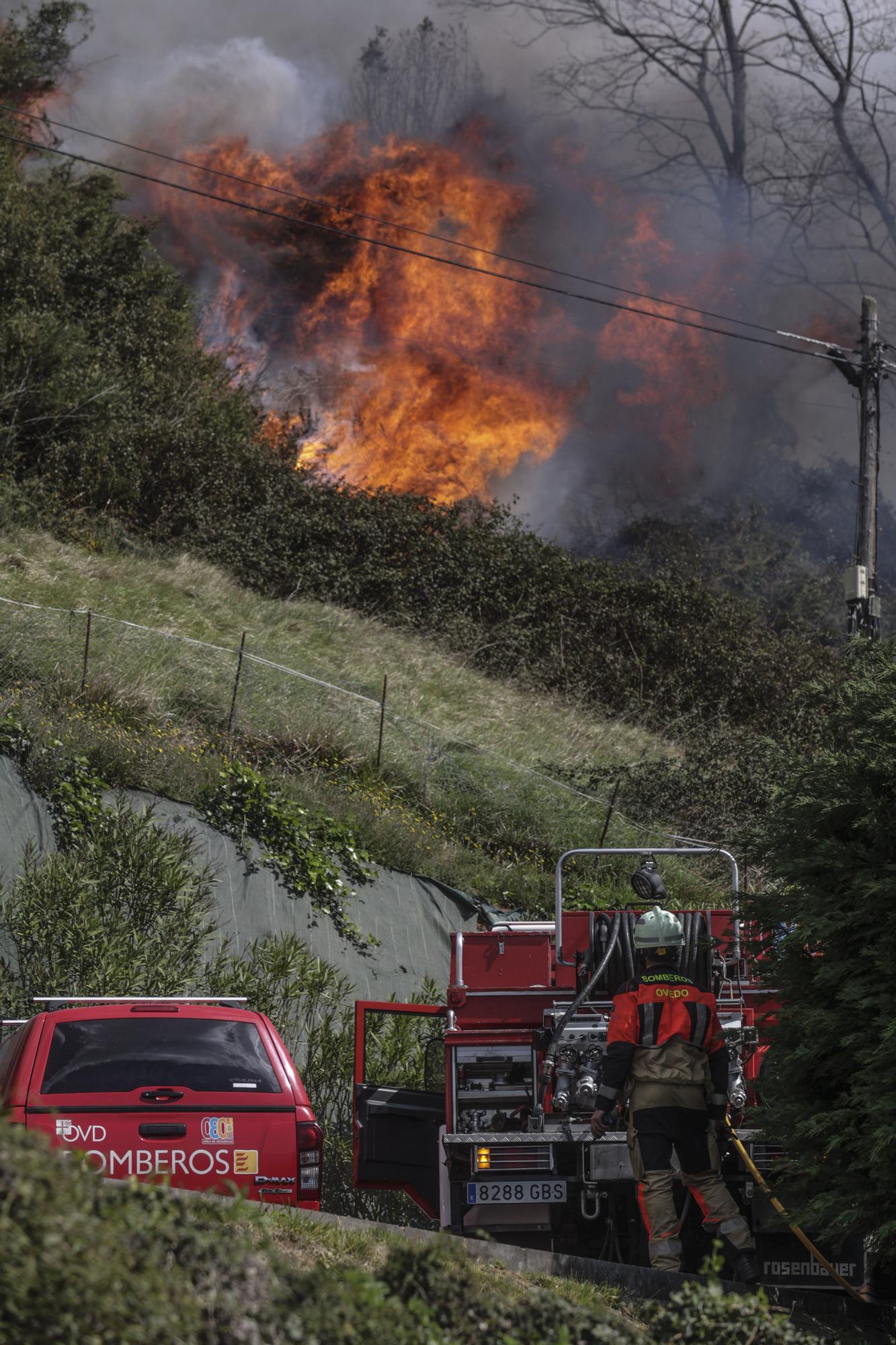 La lucha contra las llamas en el monte Naranco