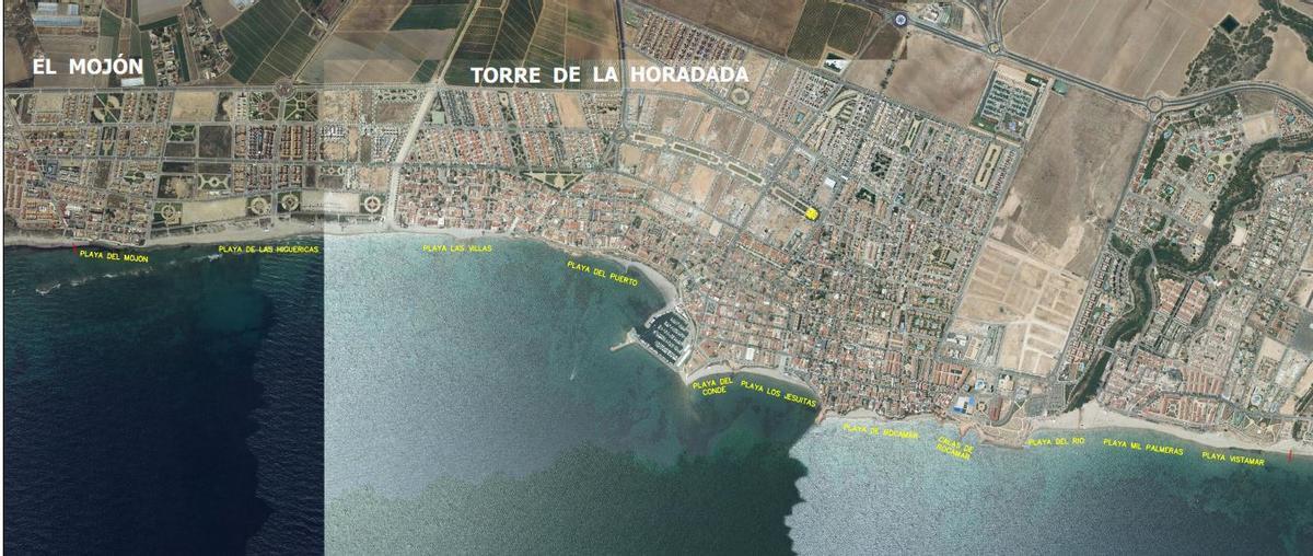 Mapa del litorla pilareño con la denominación de las playas, con el Mojón en el extremo sur lindando con Murcia y Vistamar, al norte, en el límite con Orihuela