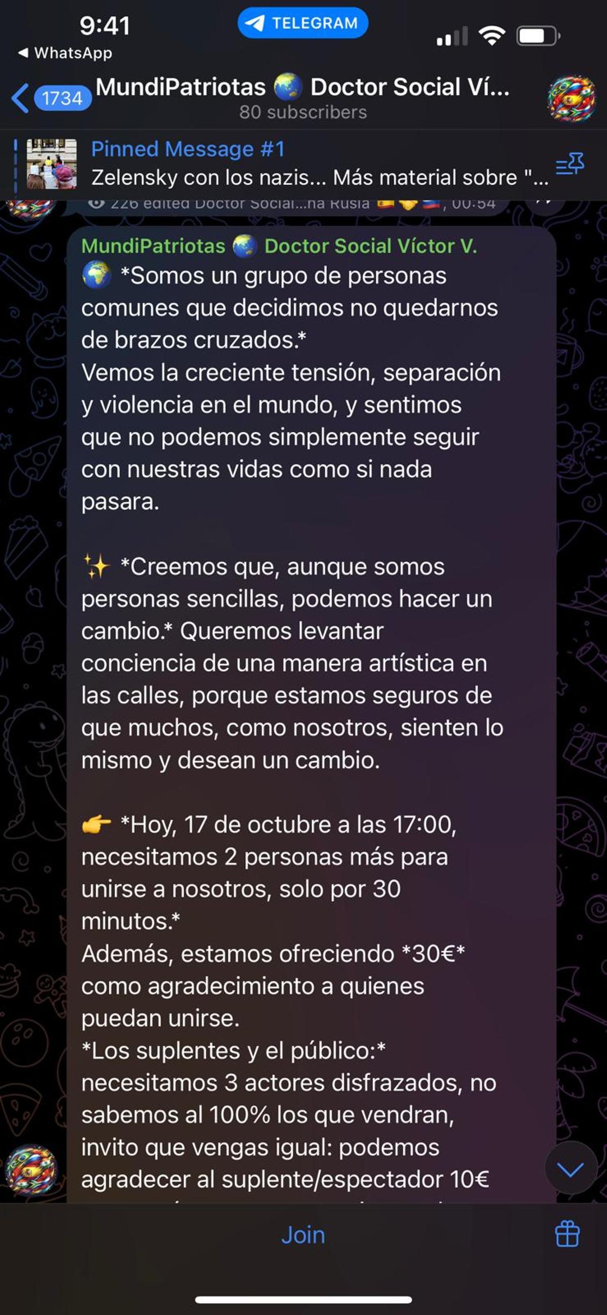 Captura de pantalla del canal MundiPatriotas ofreciendo dinero por participar en un acto putinista.
