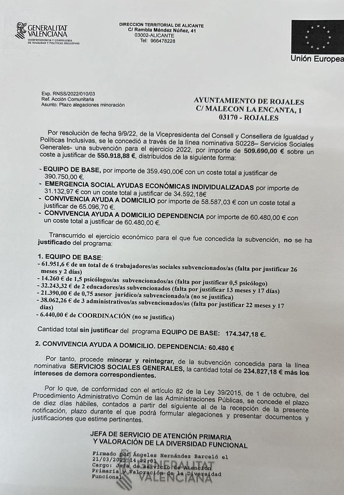 Notificación de la Generalitat al Ayuntamiento para que devuelva la ayuda que no ha empleado en contratar personal