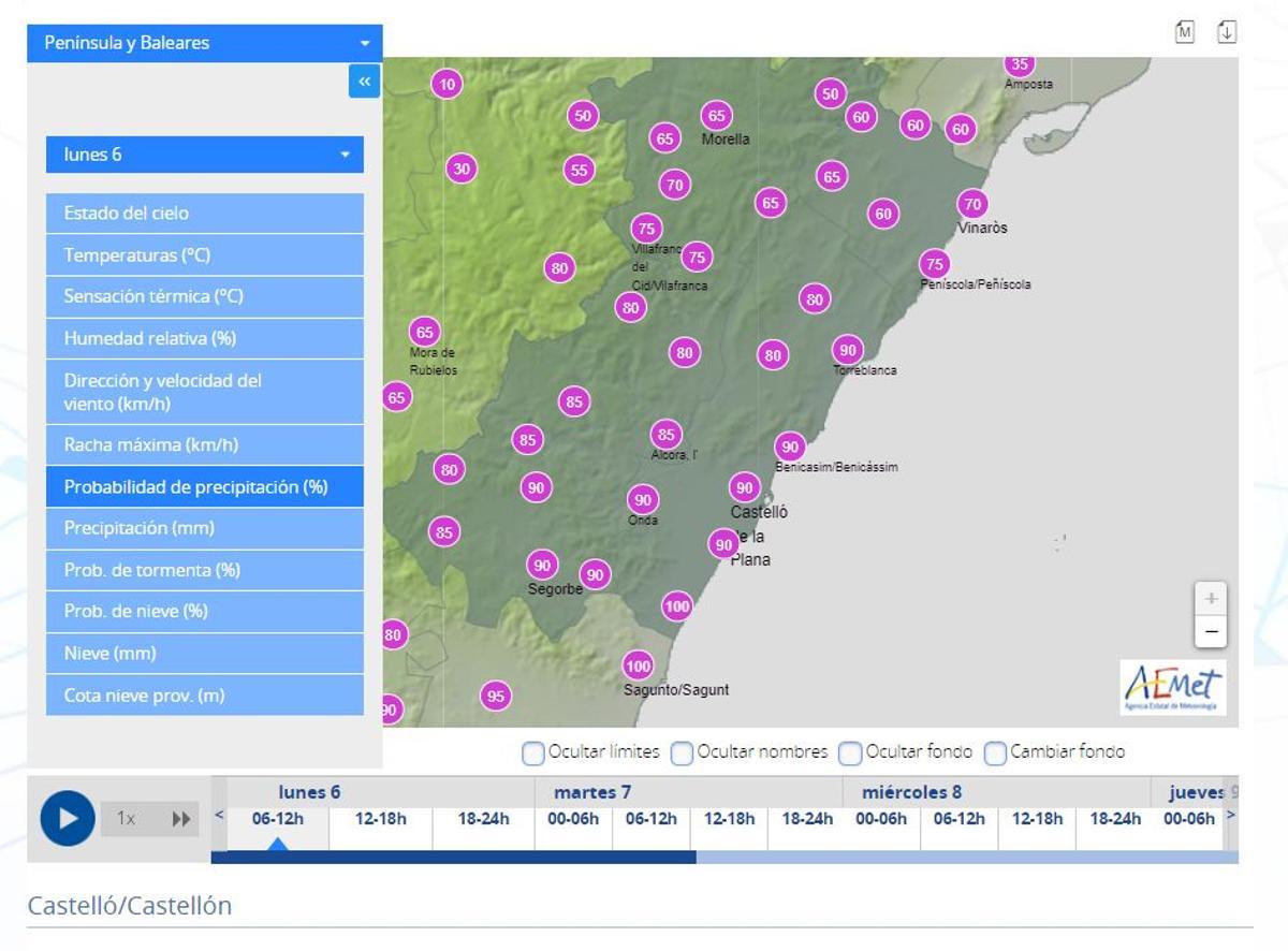 Mapa de probabilidad de lluvia en Castellón hasta las 12.00 horas.