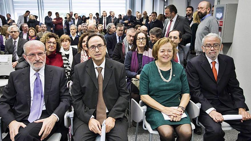 Inauguración del I2SysBio con Morcillo (UV), el conseller Soler, Menéndez (CSIC) y José L. García.