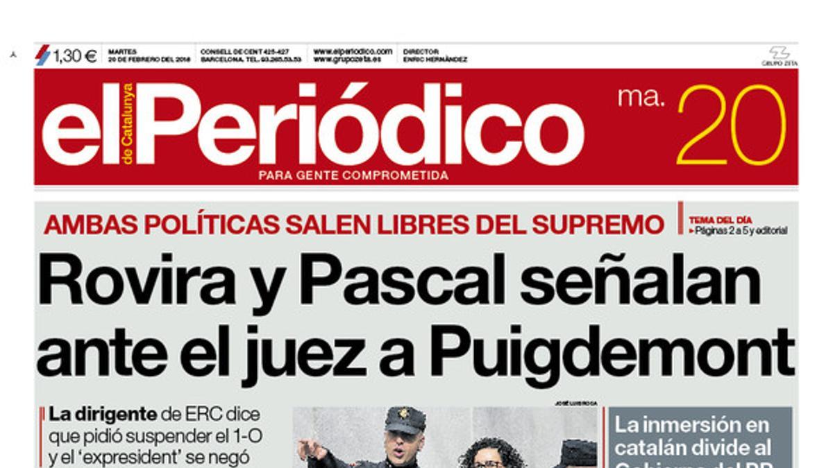 La portada de EL PERIÓDICO del 20 de febrero del 2018