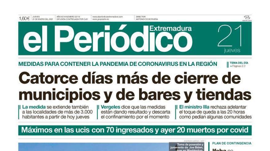 Esta es la portada de EL PERIÓDICO EXTREMADURA correspondiente al día 21 de enero del 2021