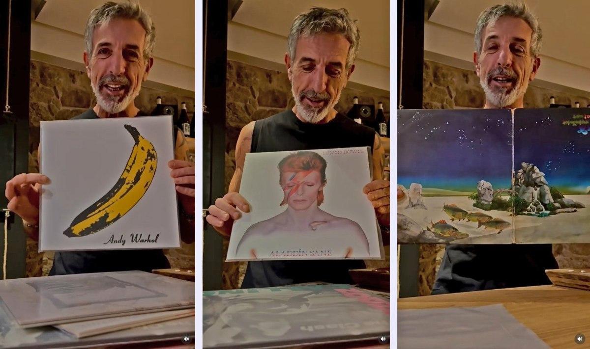 El chef Pepe Solla con portadas de discos.| C.