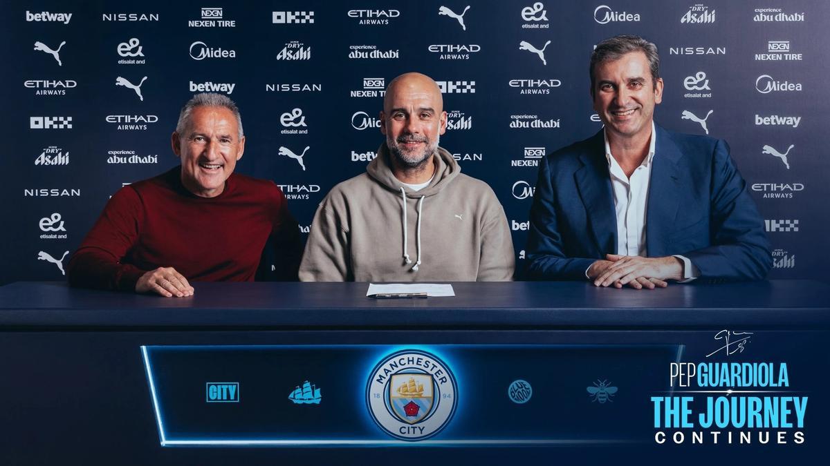 Txiki Begiristain, secretario técnico del City, Pep Guardiola, entrenador, y Ferran Soriano, CEO del club inglés.