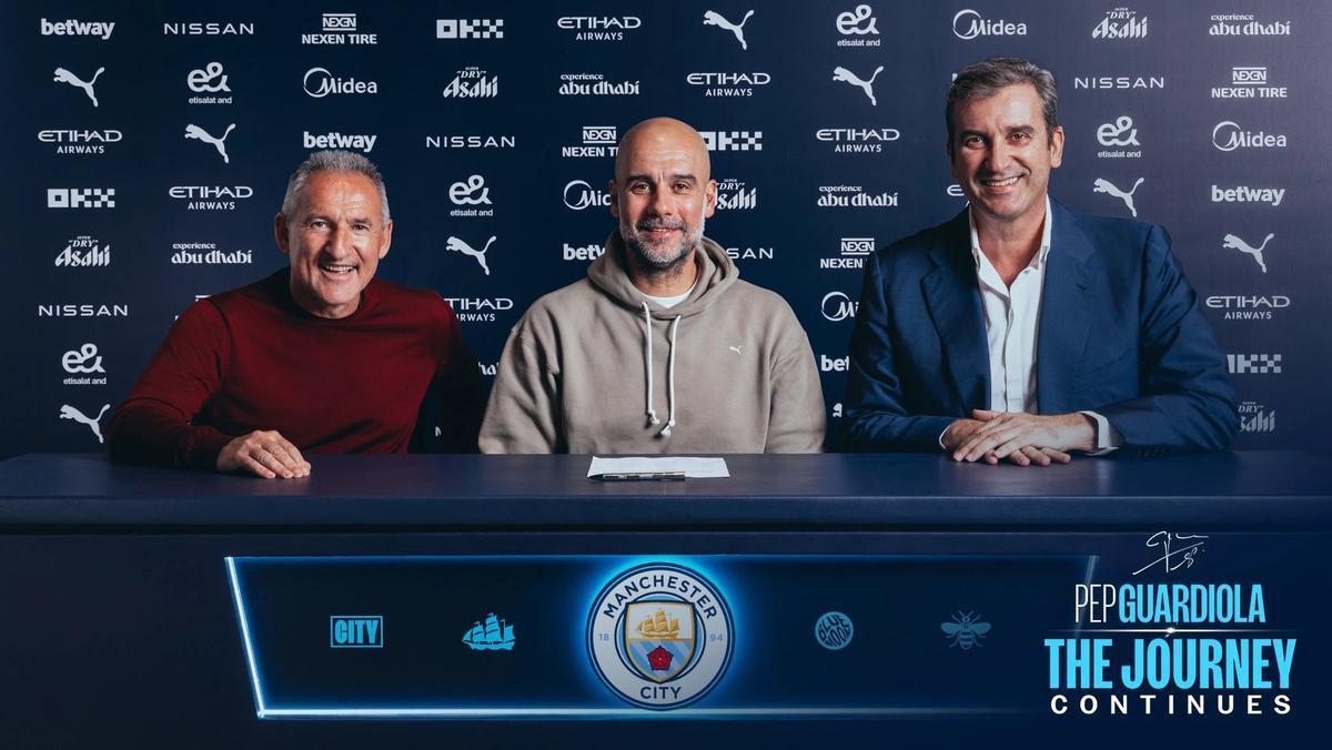 Txiki Begiristain, secretario técnico del City, Pep Guardiola, entrenador, y Ferran Soriano, CEO del club inglés.