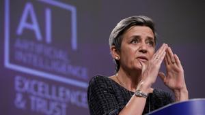 European Executive Vice-President Margrethe Vestager speaks at a media conference on the EU approach to Artificial Intelligence following a weekly meeting of EU Commission in Brussels  Belgium  April 21  2021  Olivier Hosley Pool via REUTERS