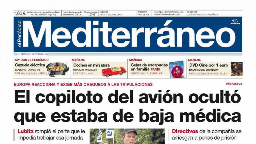 El piloto del avión estaba de baja médica, en la portada de Mediterráneo