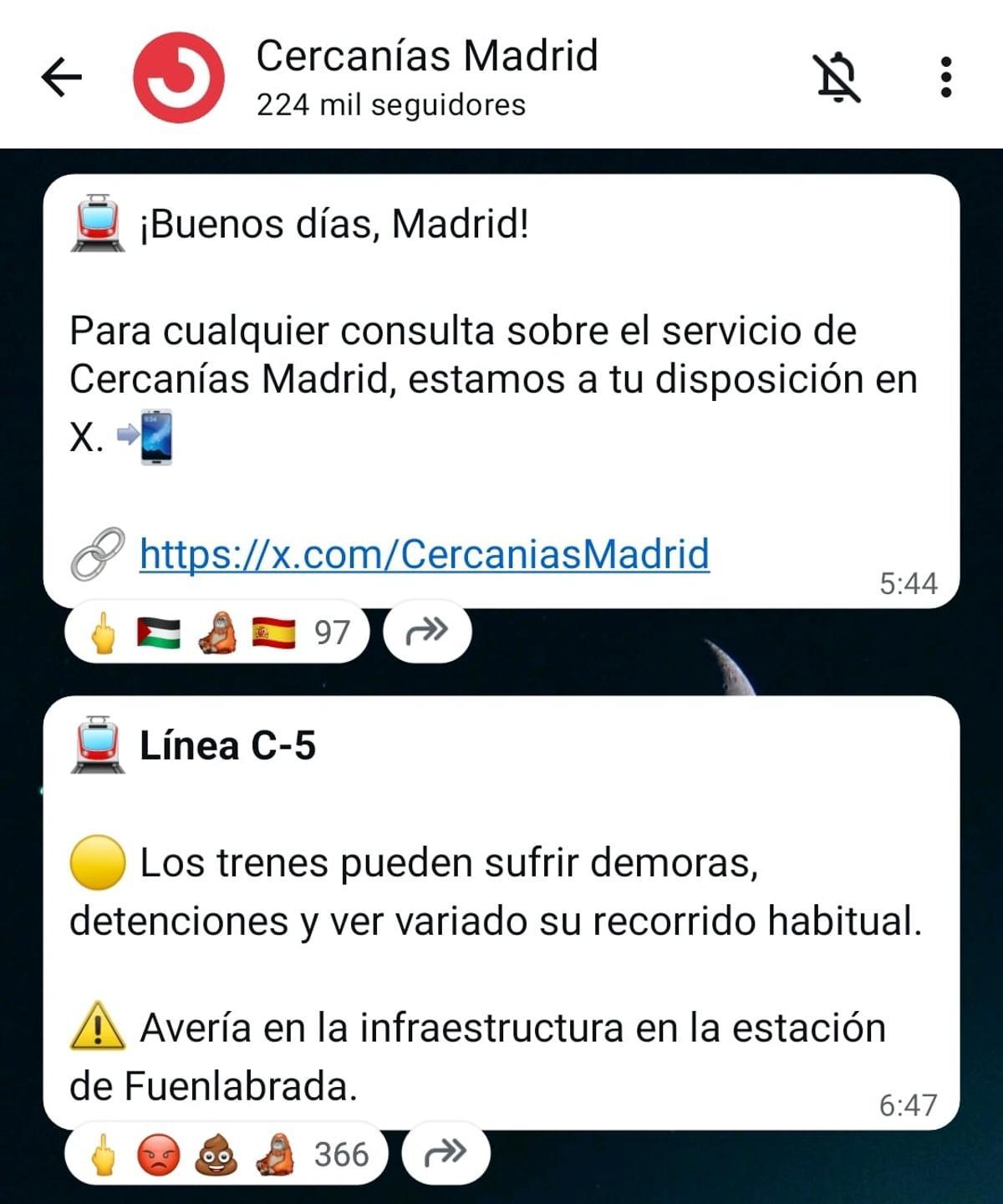 Mensaje recibido a través del canal de disfusión de WhatsApp oficial de Cercanías Madrid a las 6:47 de la mañana del 5 de febrero