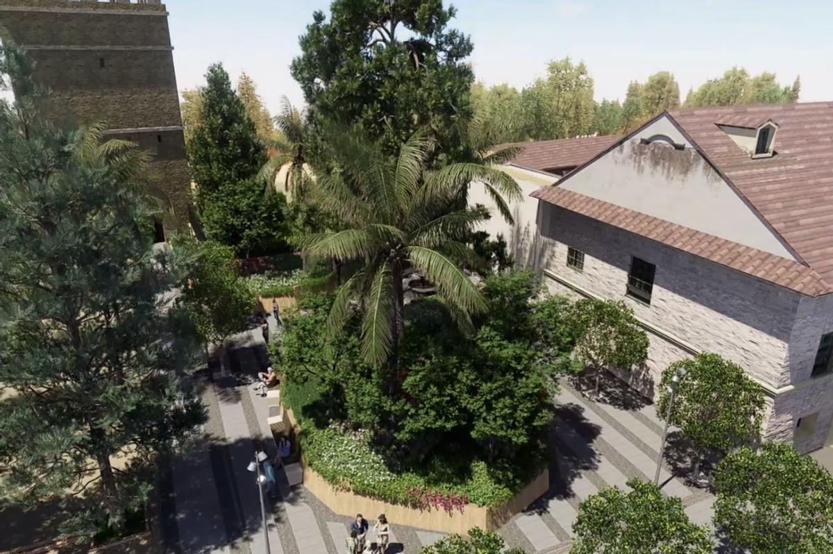 Recreación de cómo quedará la futura plaza ajardinada, con una de las torres del Alcázar a la izquierda y Caballerizas a la derecha.