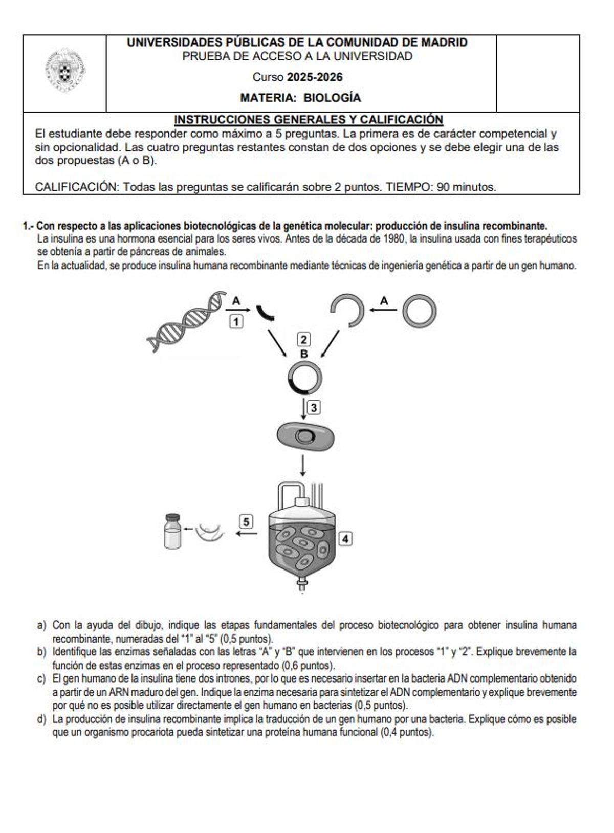 Examen de Biología de la convocatoria extraordinaria de la PAU en Madrid