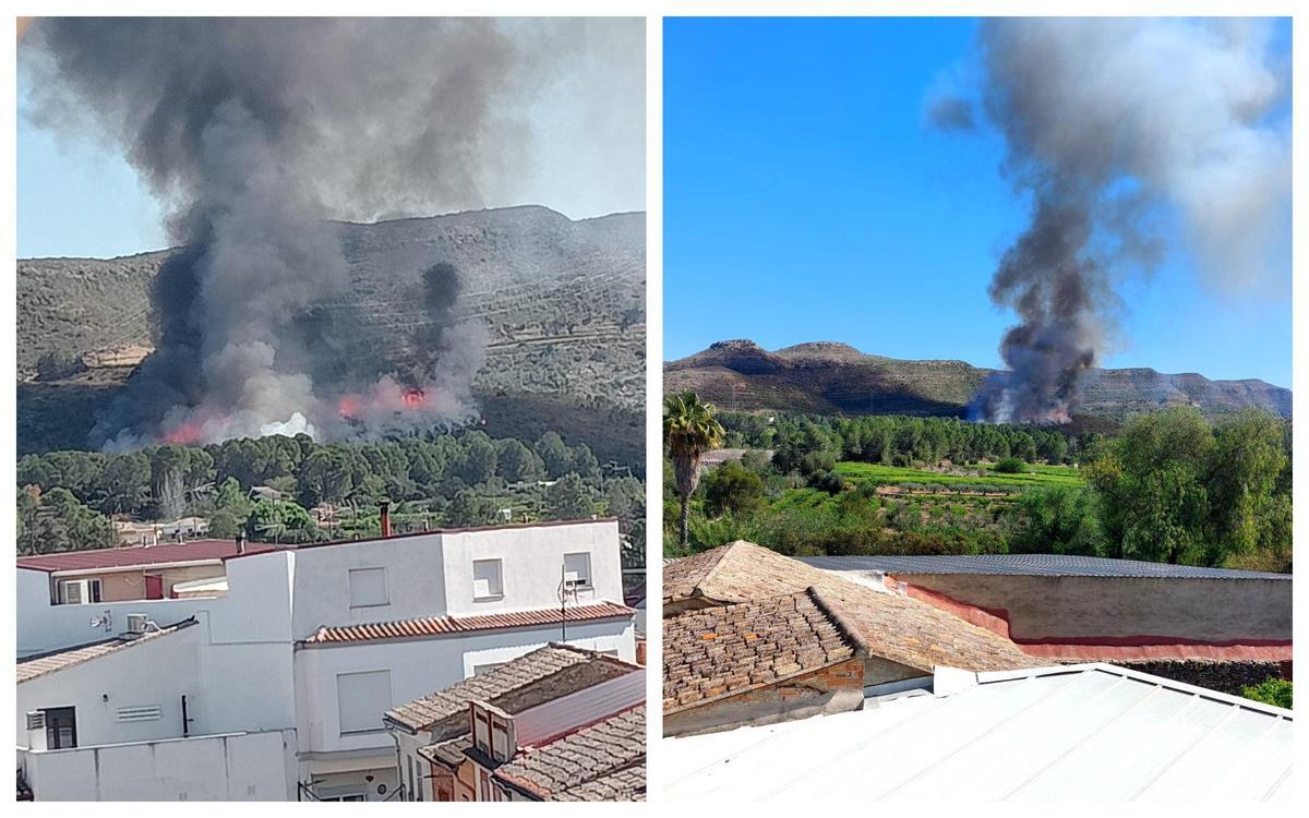 Dos imágenes del incendio captadas desde la localidad de Barxeta.