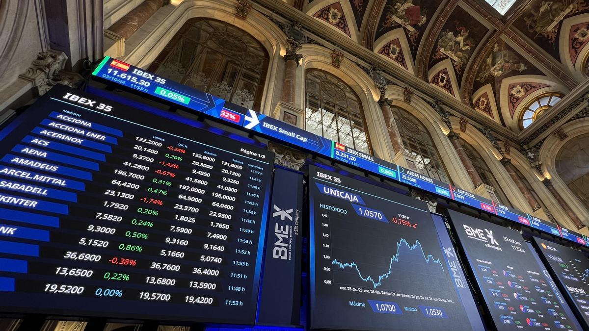 Pantalla de la Bolsa de Madrid este jueves.
