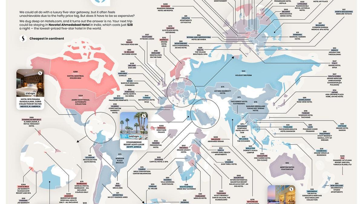 Mapa hoteles 5 estrellas más baratos del mundo