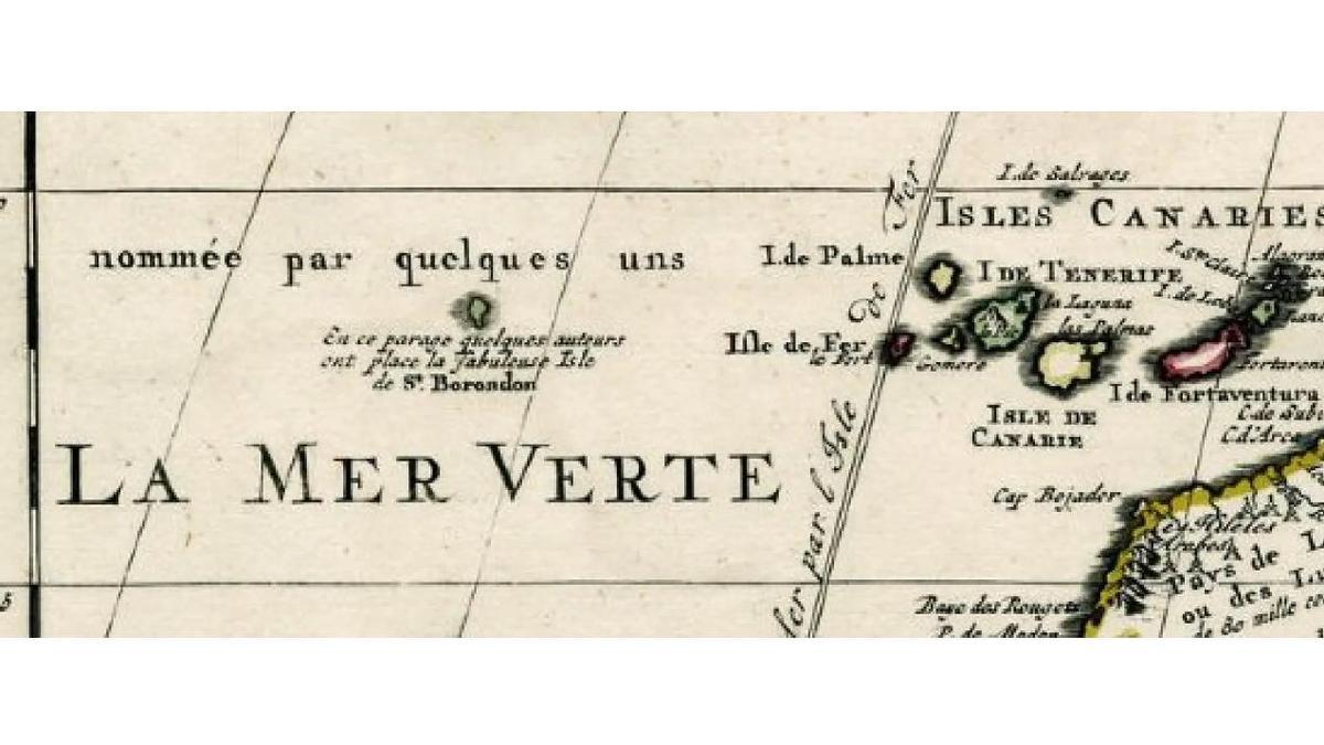Isla de San Borondón, al oeste de las Islas Canarias, según una de las cientos de cartas náuticas en las que aparece.
