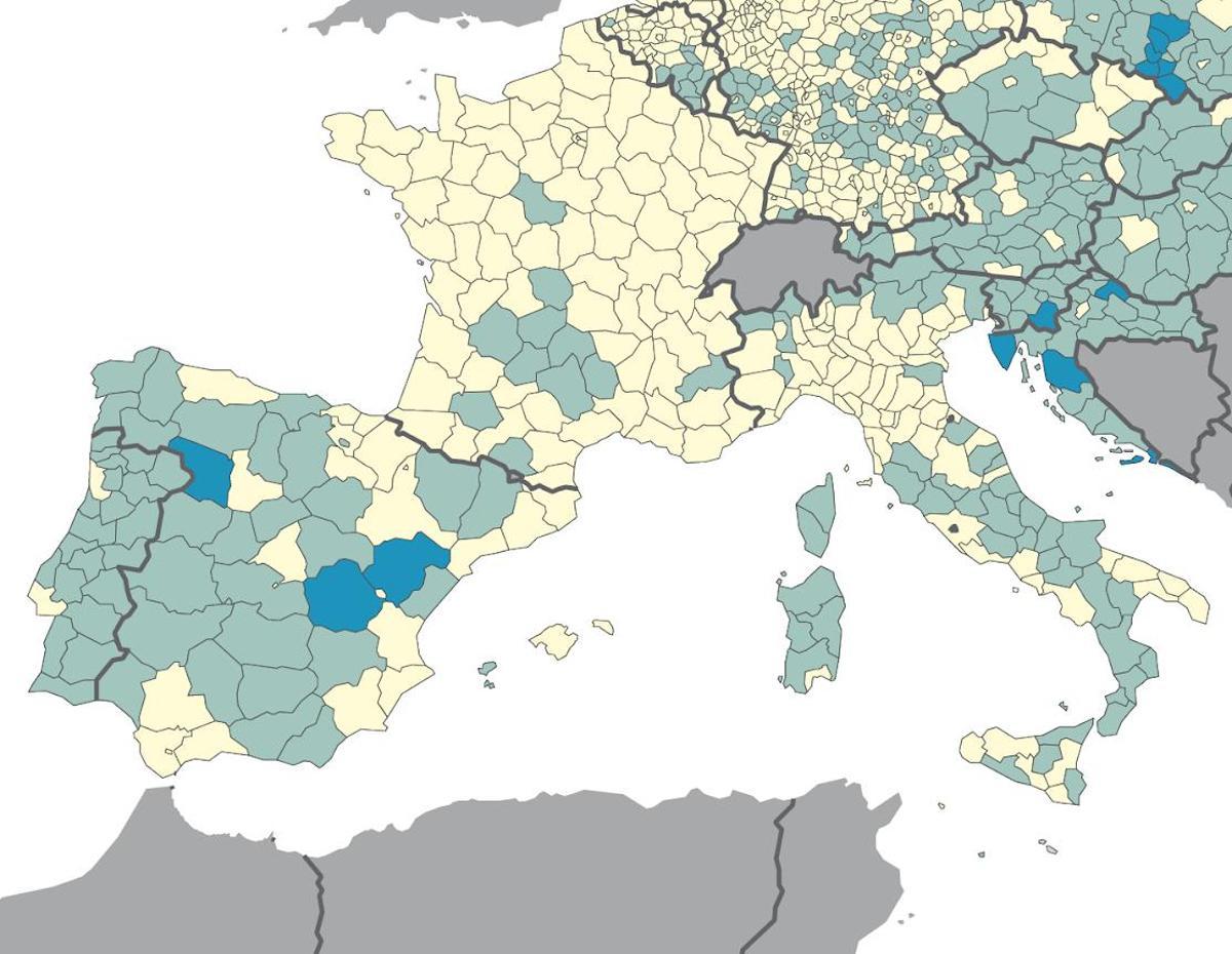 Mapa europeo de las regiones con mayores distancias para acudir al médico.