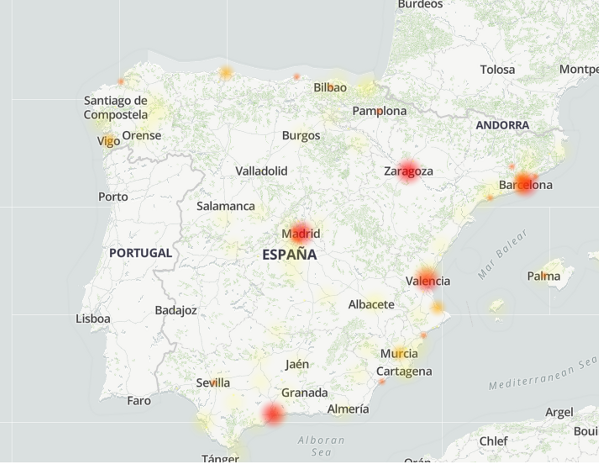 Mapa de fallos y problemas notificados de Movistar