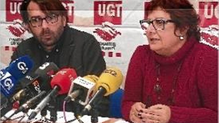 Camil Ros i Dolors Bassa, ahir a la seu de la UGT a Girona.