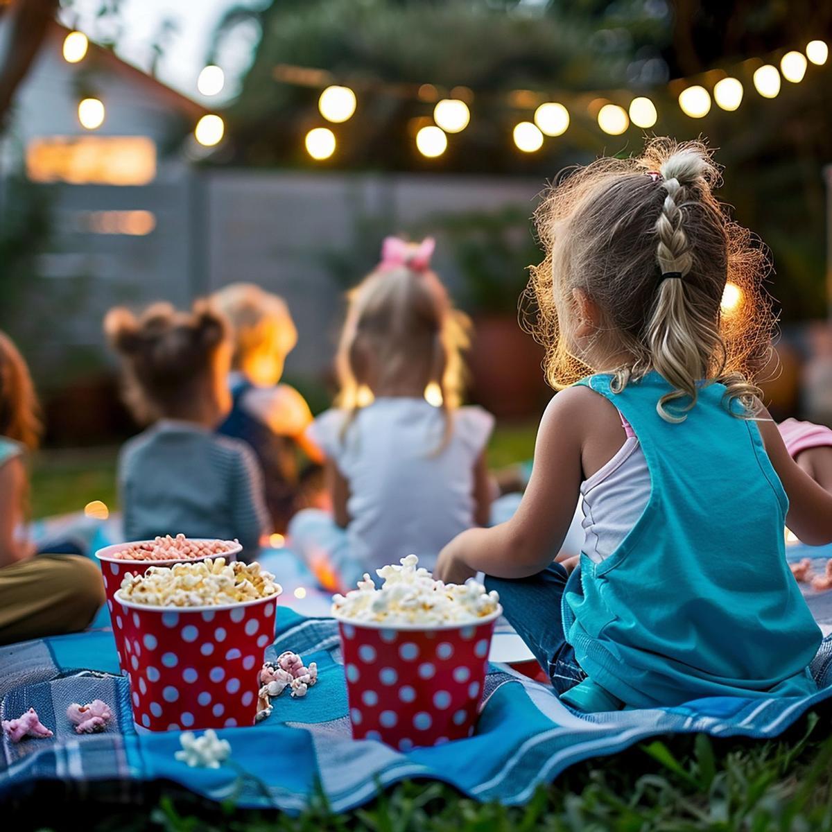 Una niña ve una película mientras come palomitas