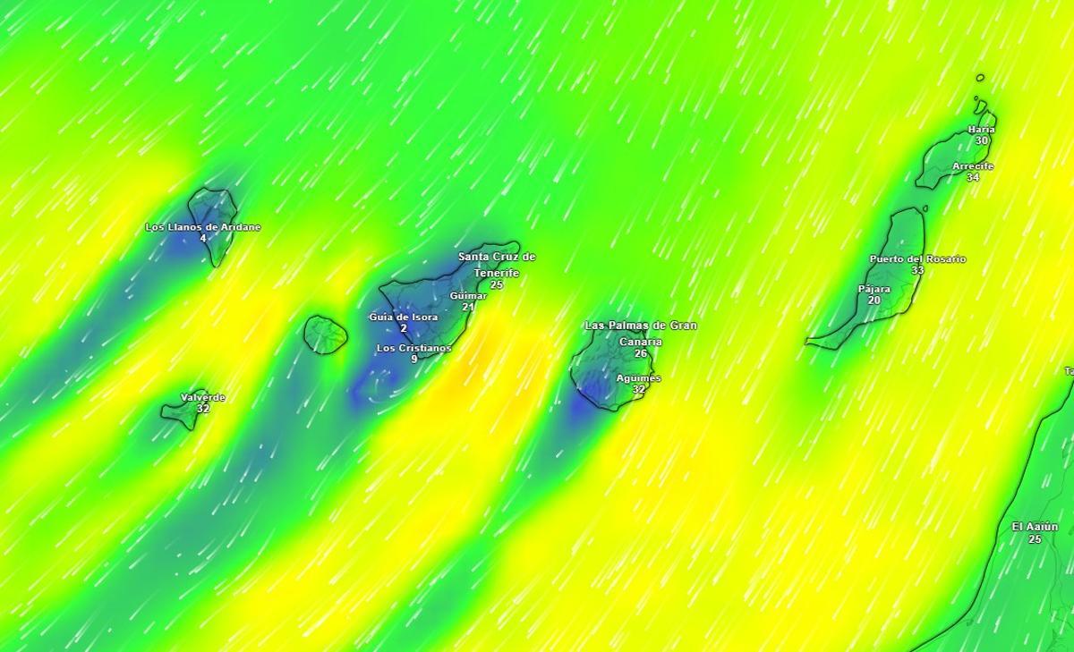 Mapa meteorológico sobre el viento en Canarias