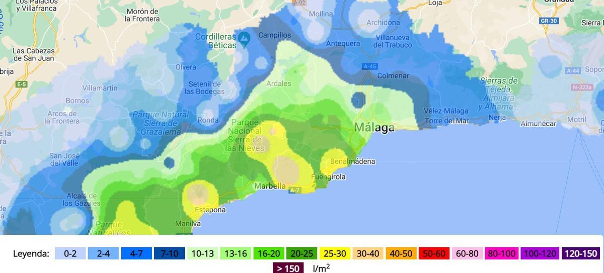Mapa de pluviometría con la lluvia recogida en la provincia de Málaga este miércoles.
