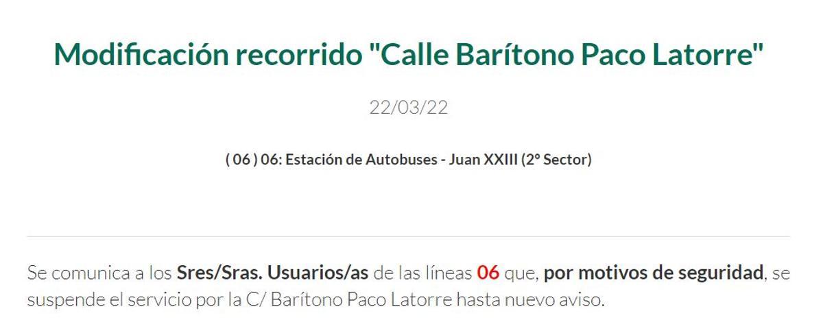 Aviso relativo a la línea 06